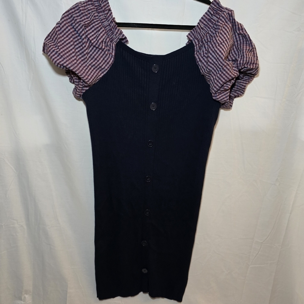 Anthropologie Maeve Navy Ribbed Knit Midi Dress Puff Sleeve Gingham, sz XL - Picture 2 of 10